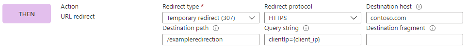 Portal screenshot showing URL redirect action.