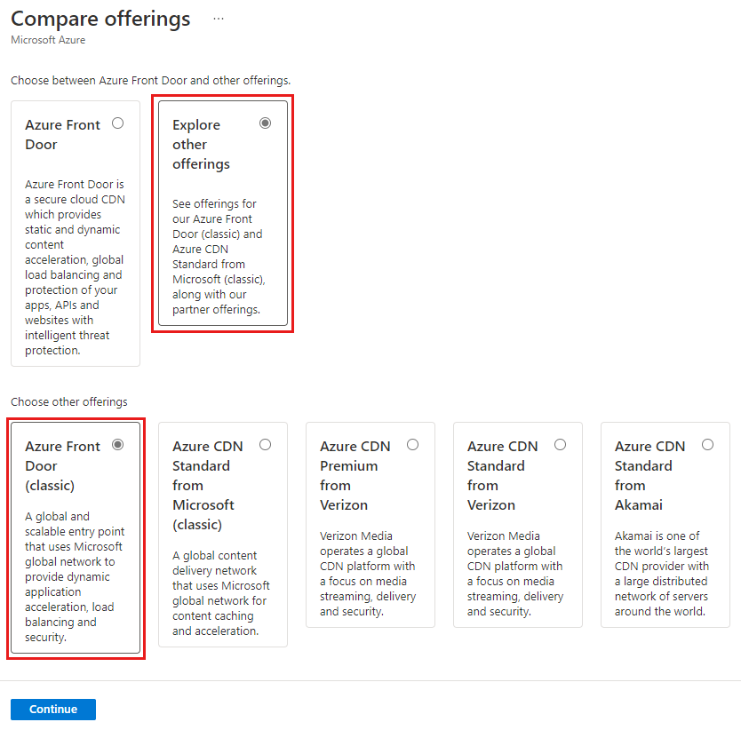 Screenshot of the compare offerings page.