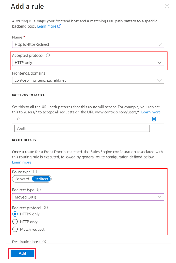 Screenshot of add an HTTP to HTTPS redirect route.