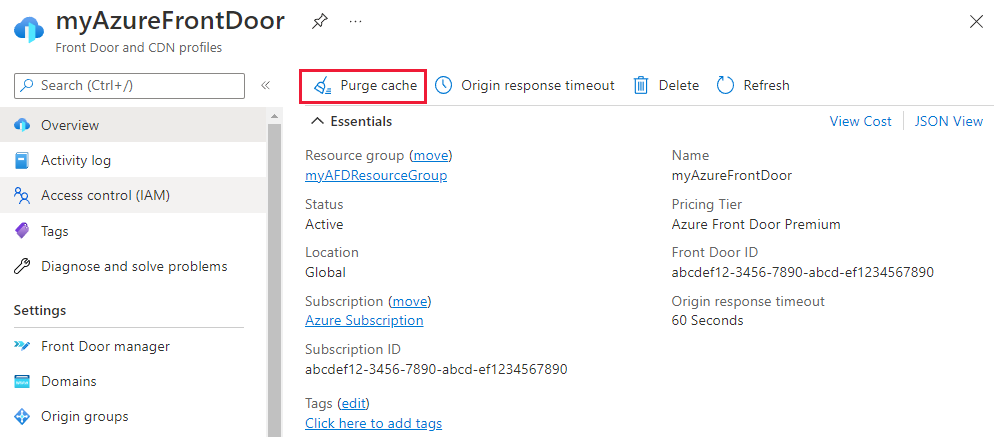 Screenshot of the cache purge button on the overview page.