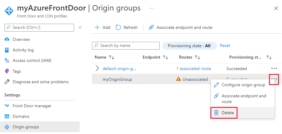 Screenshot of how to delete an origin group.