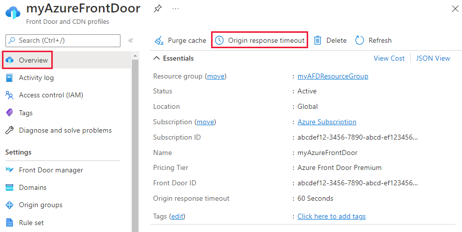 Screenshot of origin response timeout button from the overview page.