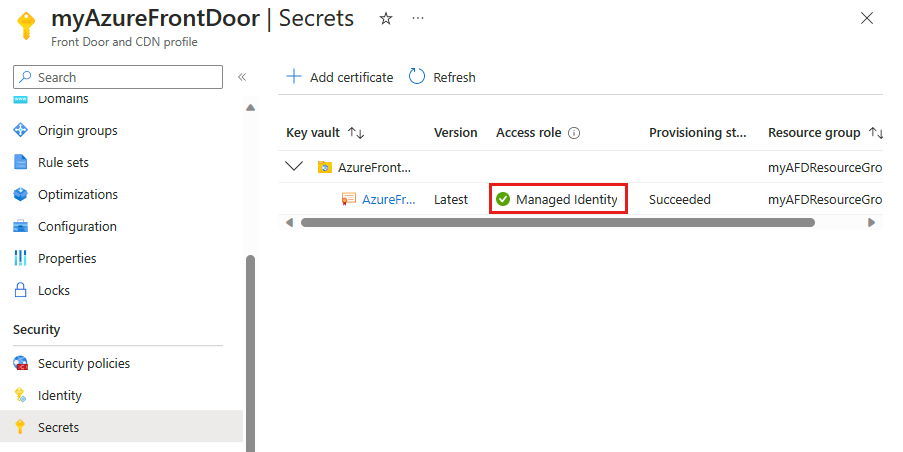 Screenshot of Azure Front Door using managed identity to access certificate in Key Vault.