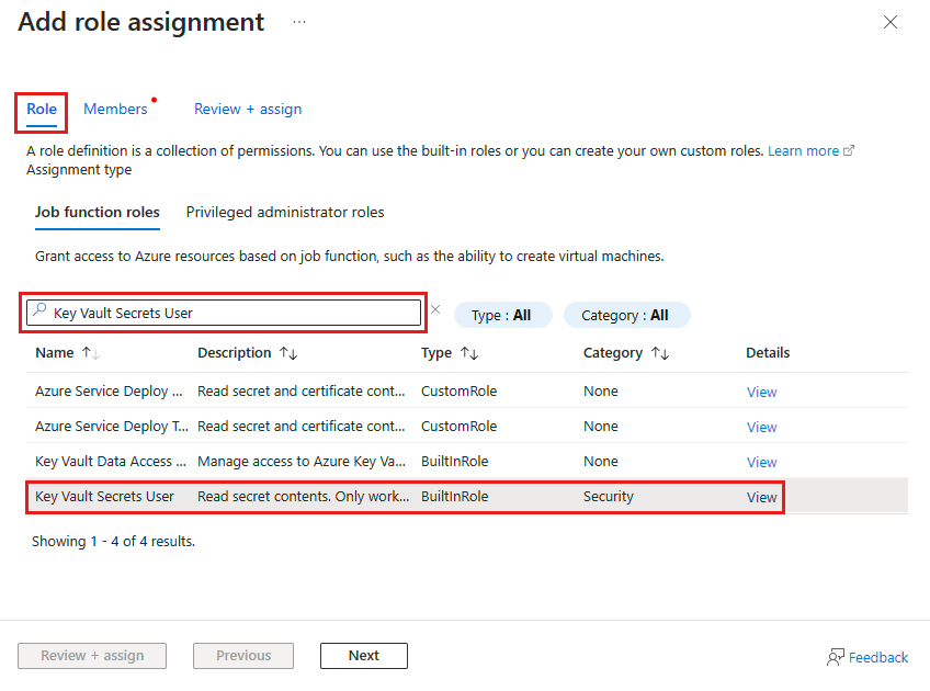 Screenshot of the add role assignment page for a Key Vault.