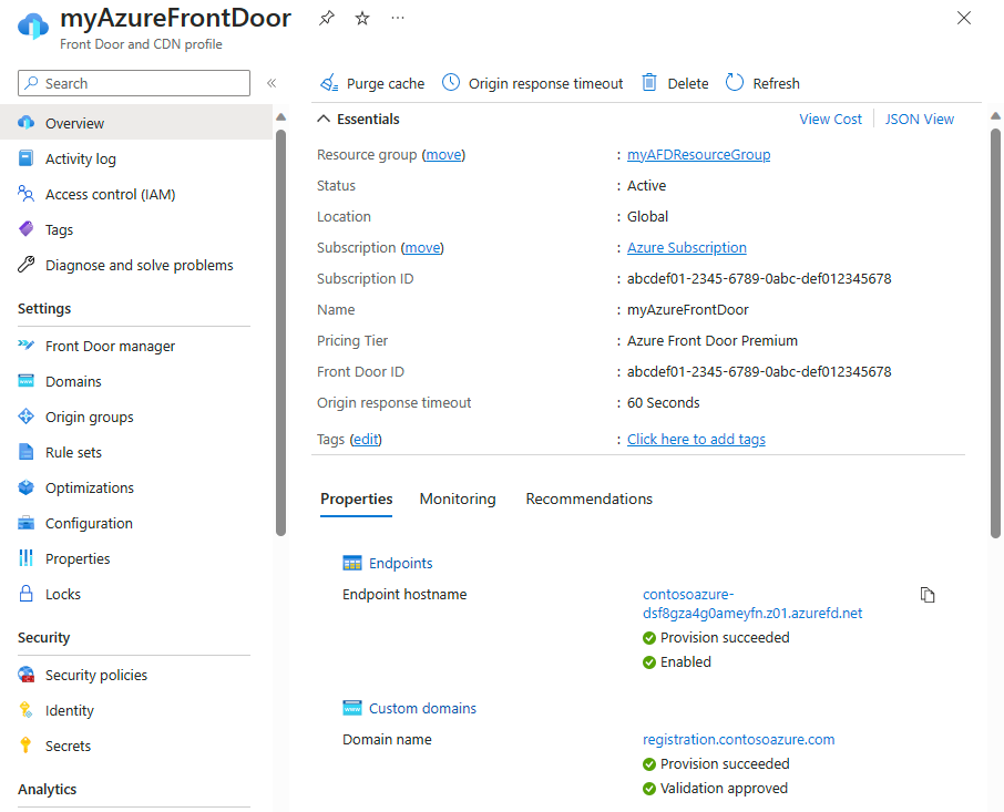 Screenshot of accessing secrets from under settings of a Front Door profile.