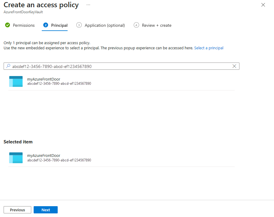 Screenshot of the principal tab for the Key Vault access policy.