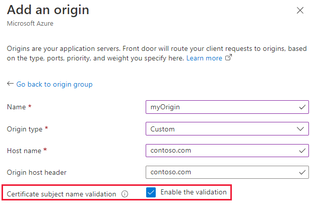 Screenshot of the certificate subject name validation checkbox.
