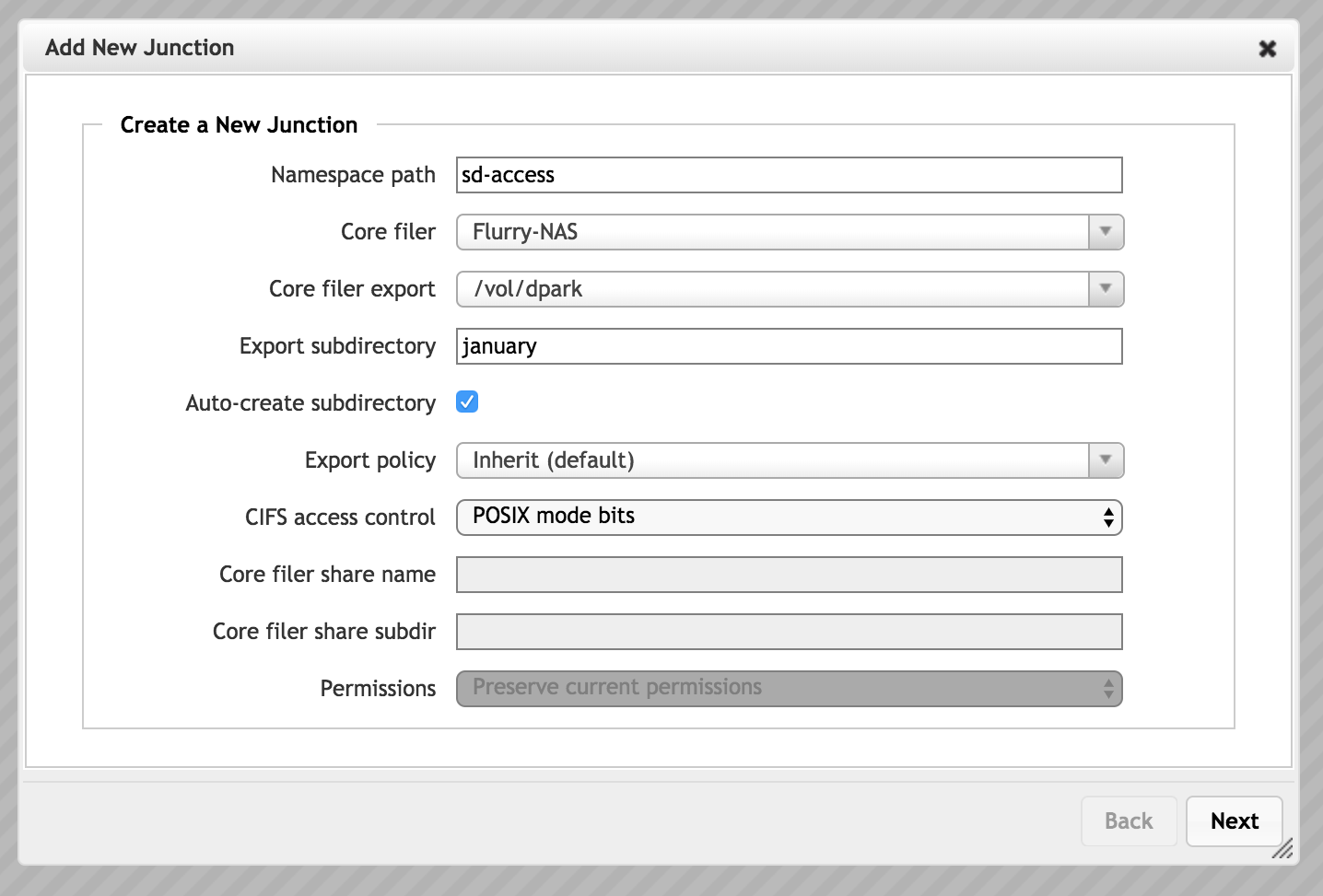 Add New Junction wizard page with settings filled in