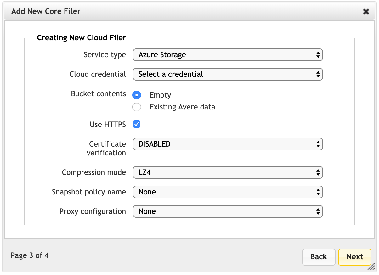 Cloud core filer information in the New Core Filer wizard