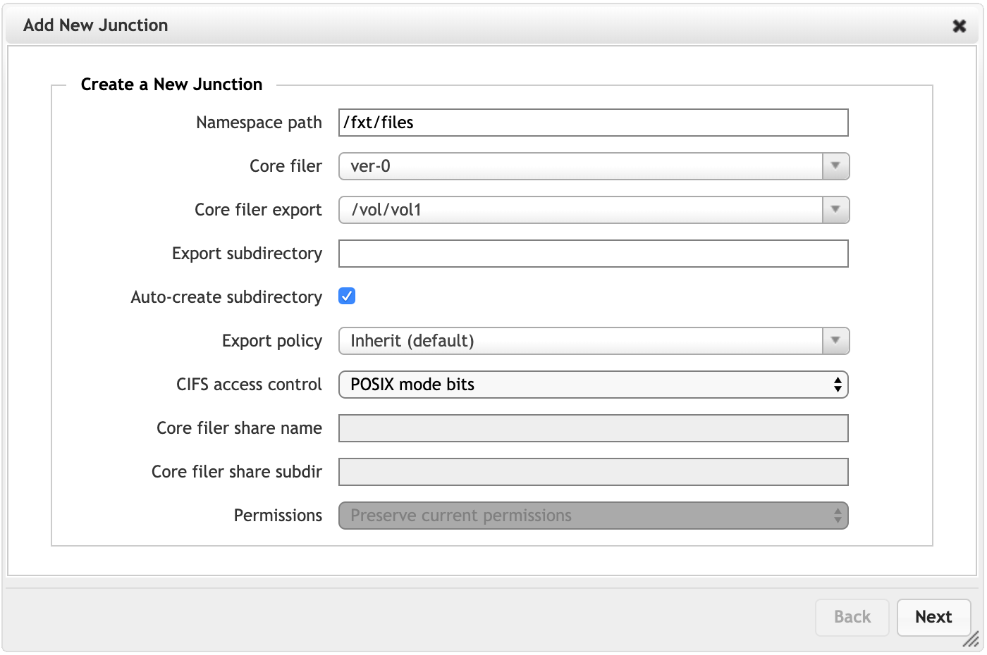 "Add new junction" dialog with /avere/files in the namespace path field