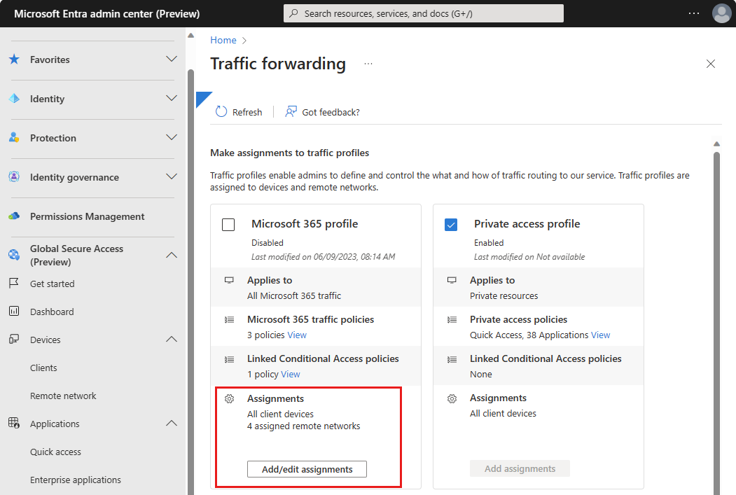 Screenshot of the add/edit assignment button on the Microsoft 365 traffic profile.