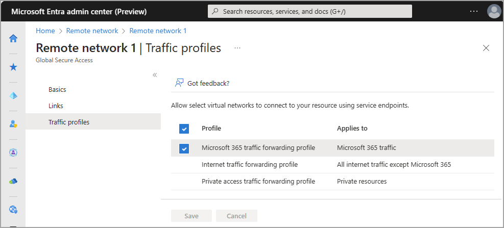 Screenshot of the traffic profiles in Remote networks.