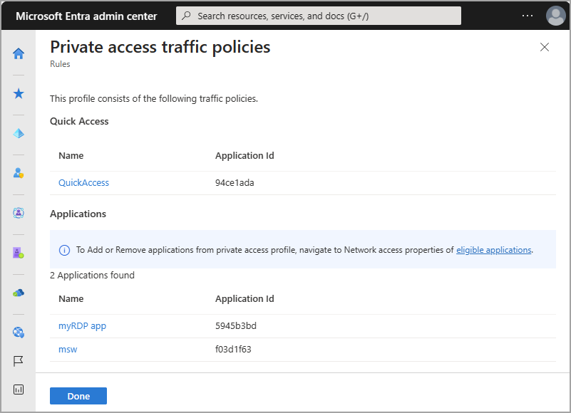 Screenshot of the private access application details.