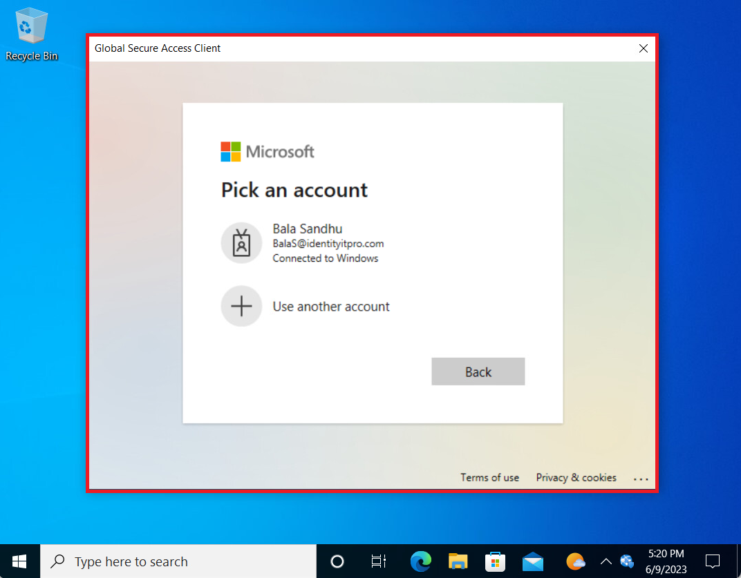 Screenshot showing the pick an account window for the Global Secure Access Client.
