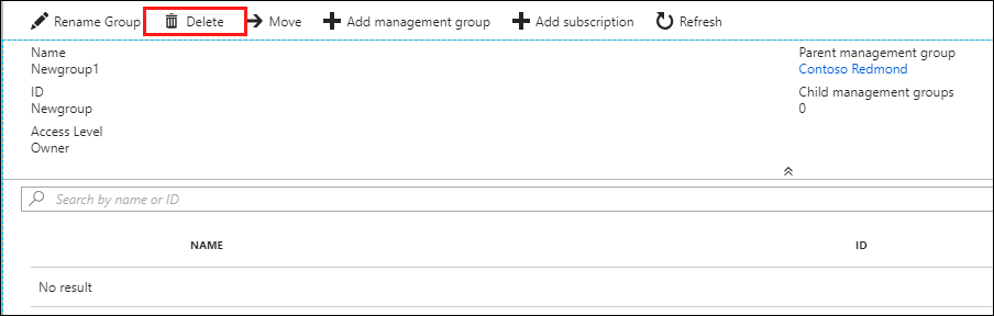 Screenshot of the management group page with the Delete button.