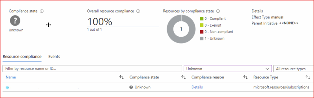 Resource compliance table in the Azure portal showing an assigned manual policy with a compliance reason of 'unknown.'