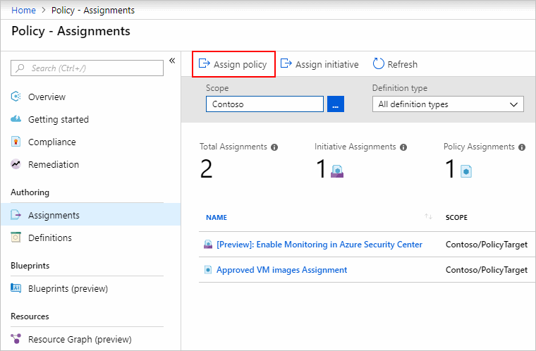 azure policy definition and assignment