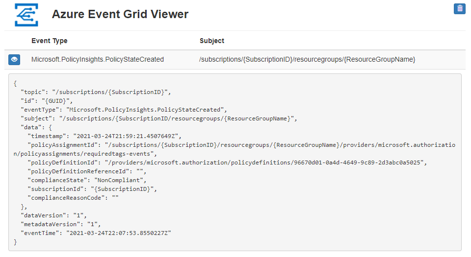 Screenshot of the Event Grid subscription Policy State Created event for the resource group in the pre-built web app.