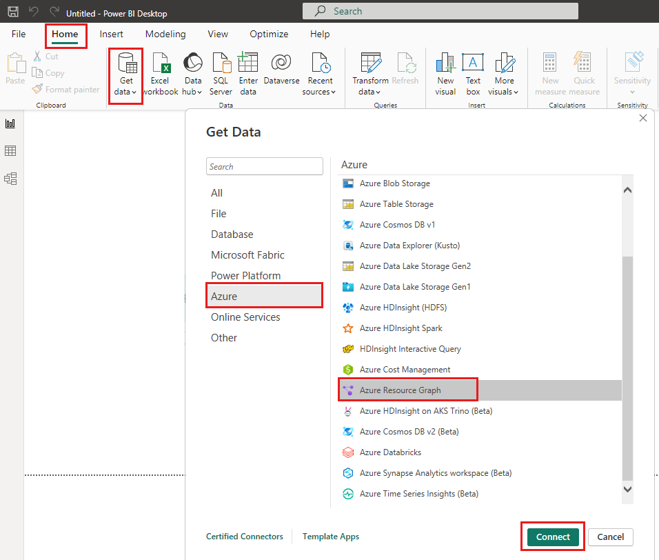 Screenshot of the get data dialog box in Power BI Desktop to select the Azure Resource Graph connector.