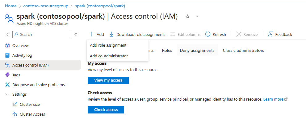 Screenshot showing how to add role assignment.