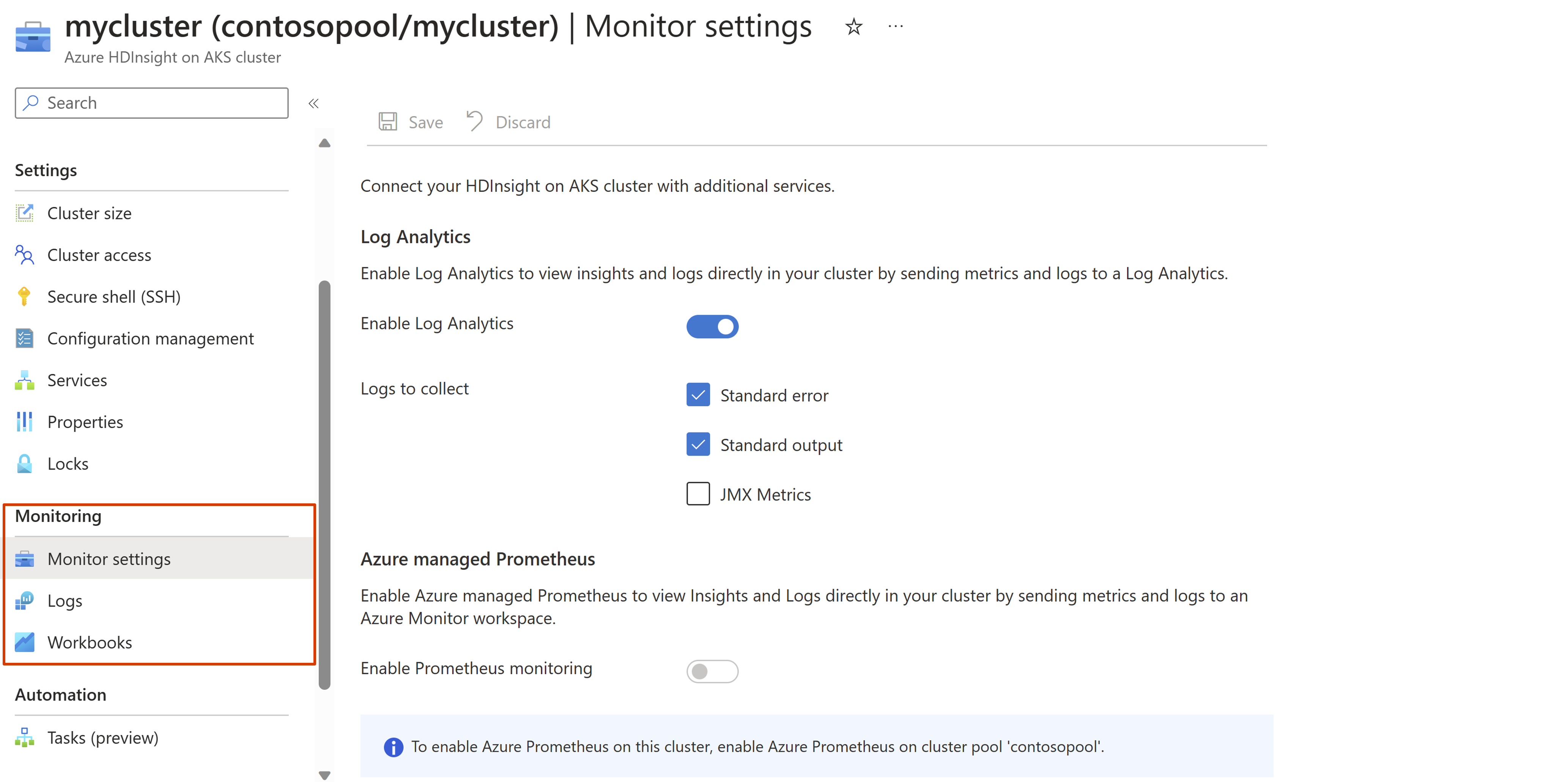 Screenshot showing Monitoring section for cluster in the Azure portal.