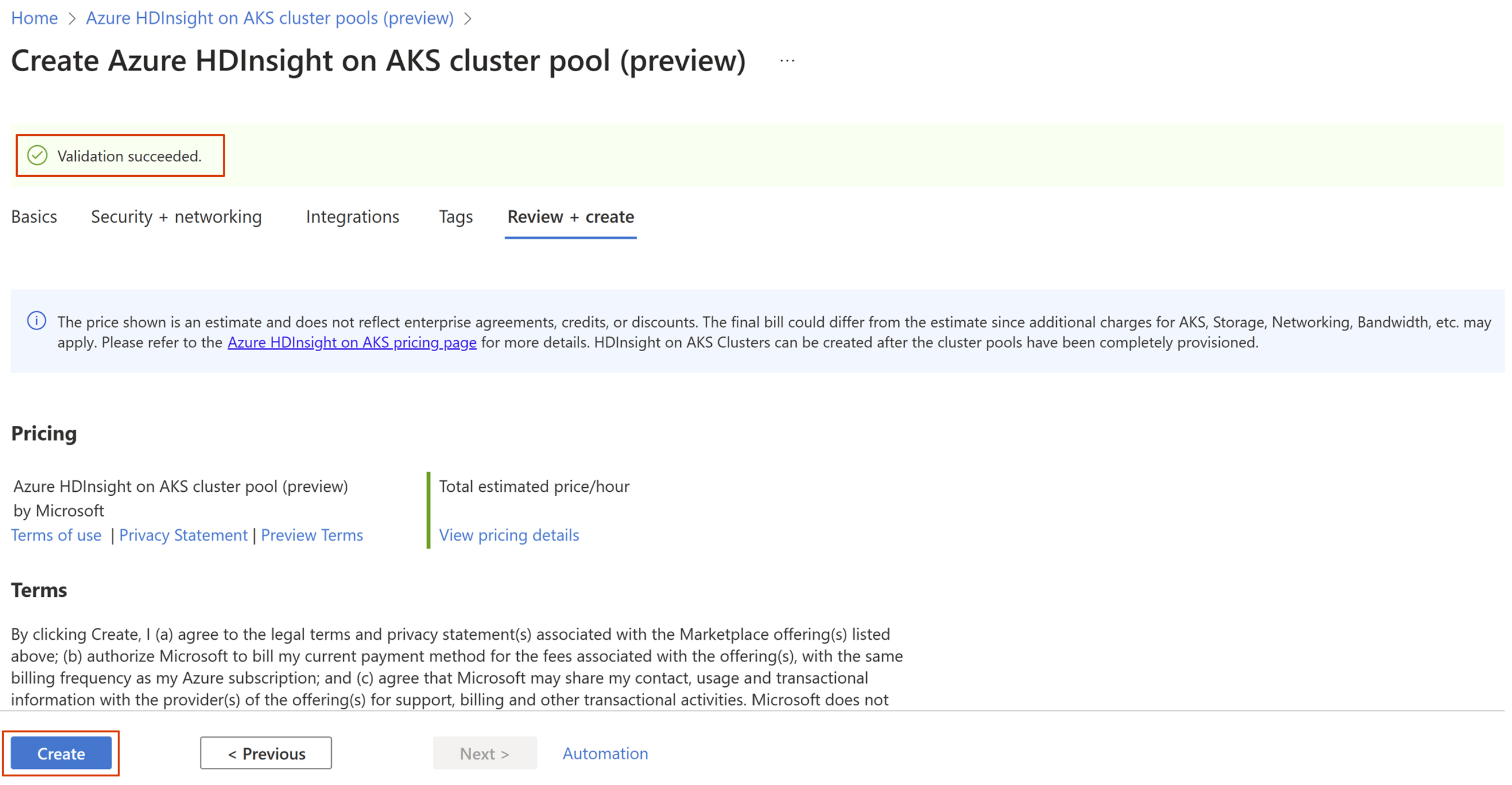 Diagram showing cluster pool review and create tab.