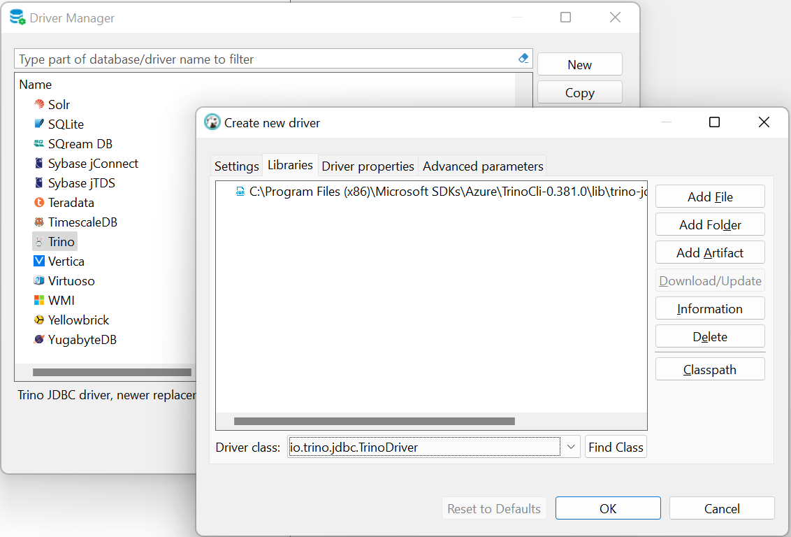 Screenshot showing Select Trino JDBC driver file.