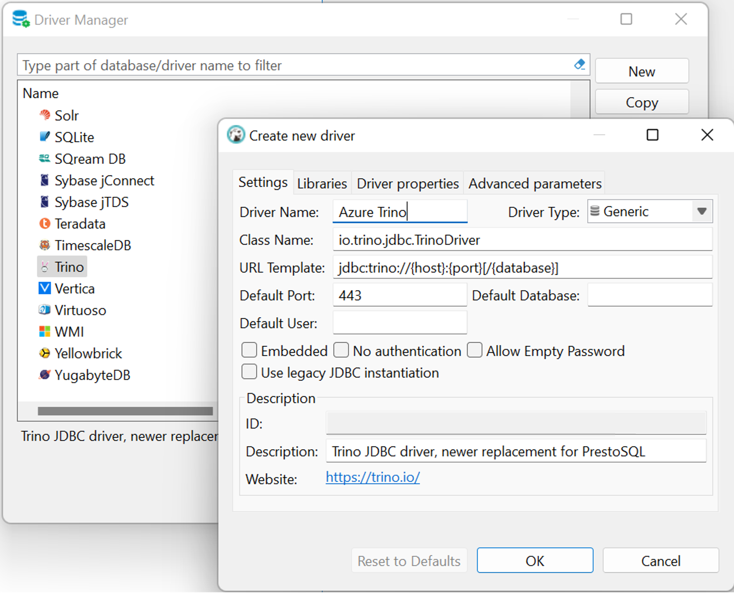 Screenshot showing Create new Trino driver for HDInsight on AKS.