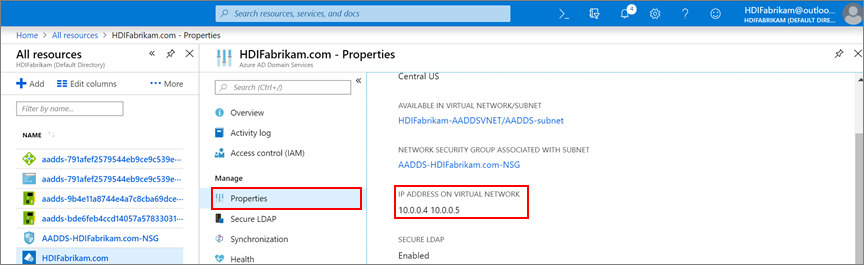 Locate custom DNS IP addresses for Azure AD DS