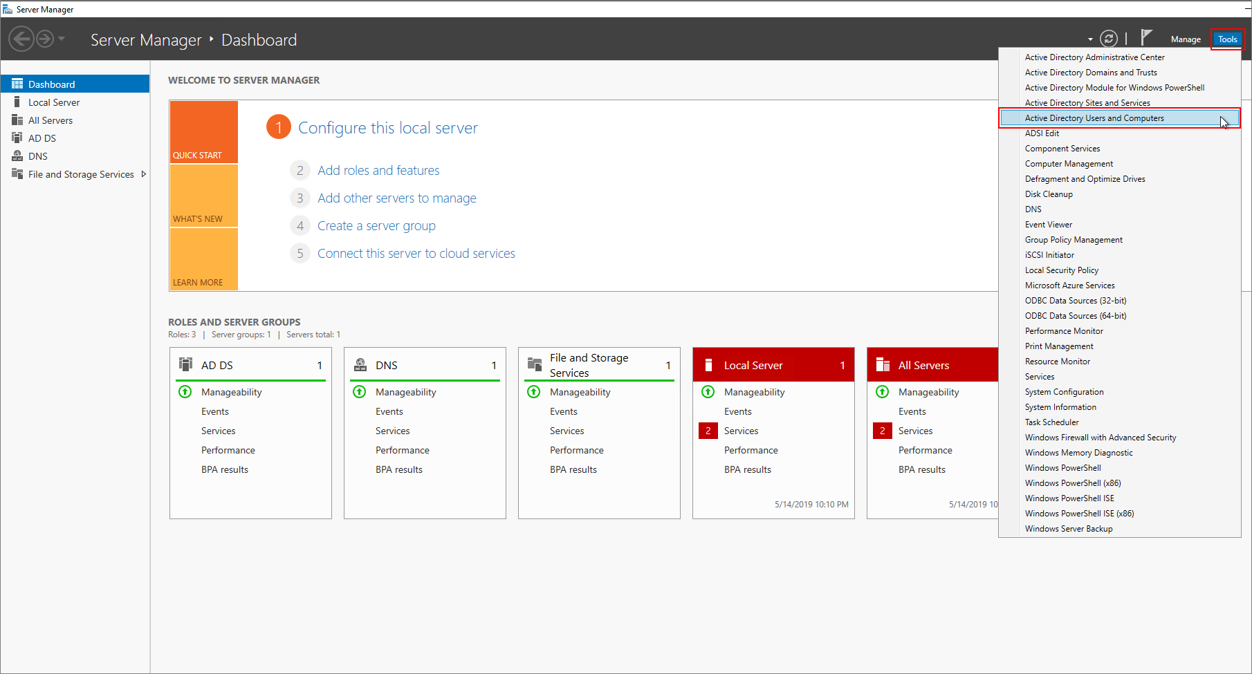 On the Server Manager dashboard, open Active Directory Management