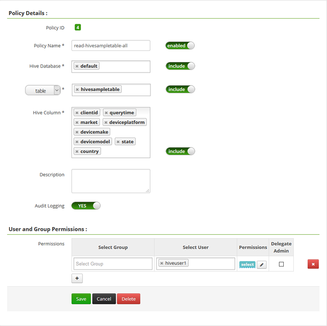 Screenshot that shows the HDInsight ESP Ranger Hive policies to configure.