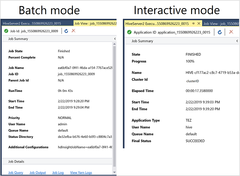 Hive job summary windows, batch and interactive mode, Visual Studio