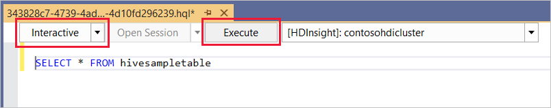 Interactive mode, Hive ad-hoc query, HDInsight cluster, Visual Studio