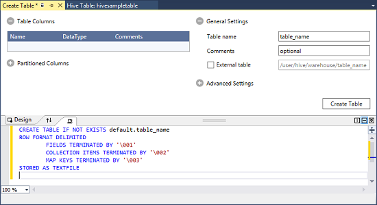 Create Table window, Hive, HDInsight cluster, Visual Studio