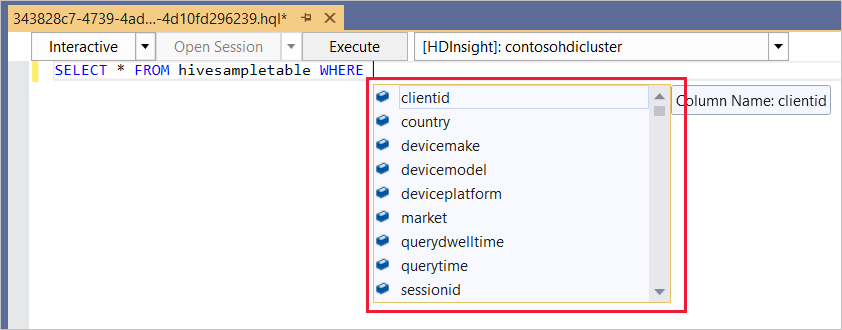 IntelliSense example 2, Hive ad-hoc query, HDInsight cluster, Visual Studio
