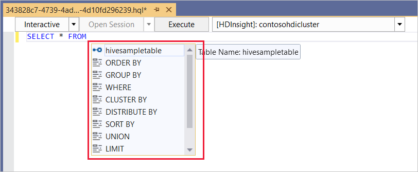 IntelliSense example 1, Hive ad-hoc query, HDInsight cluster, Visual Studio