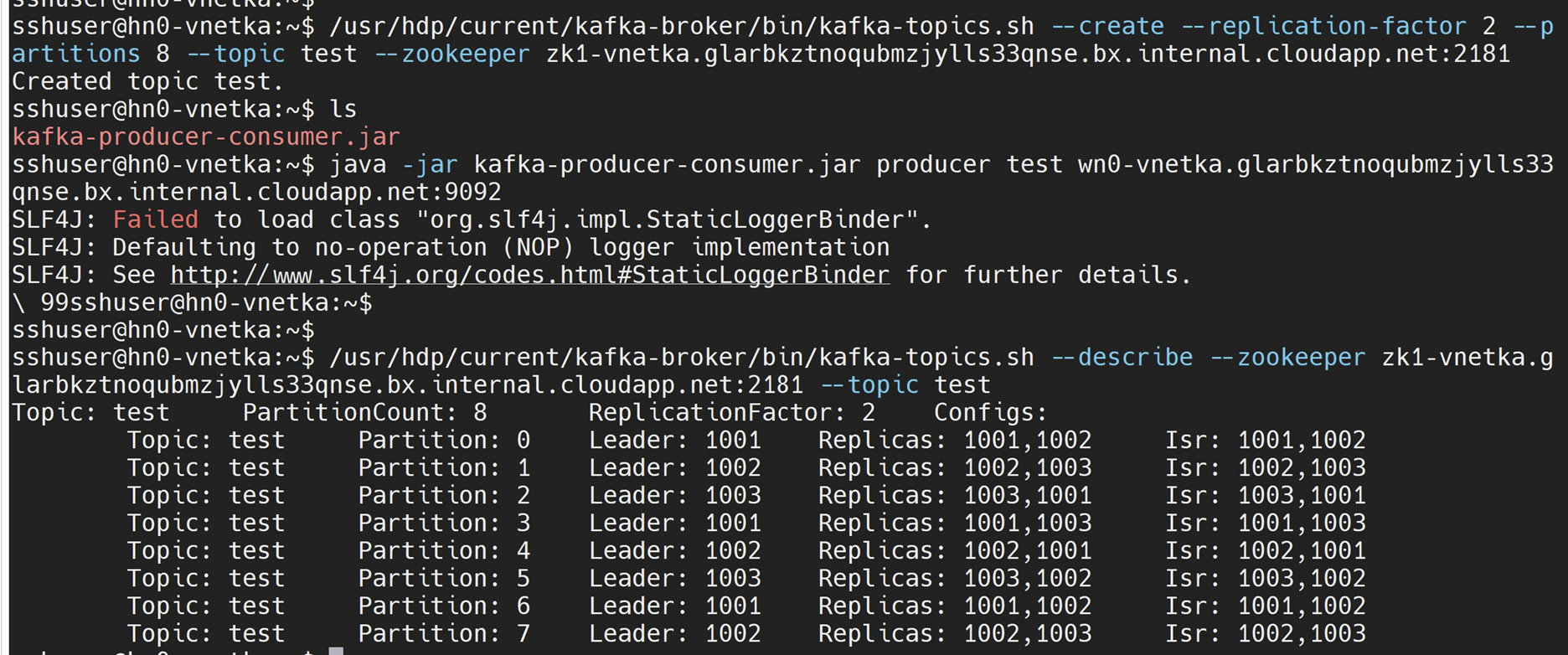 Screenshot showing Kafka producer output VM.
