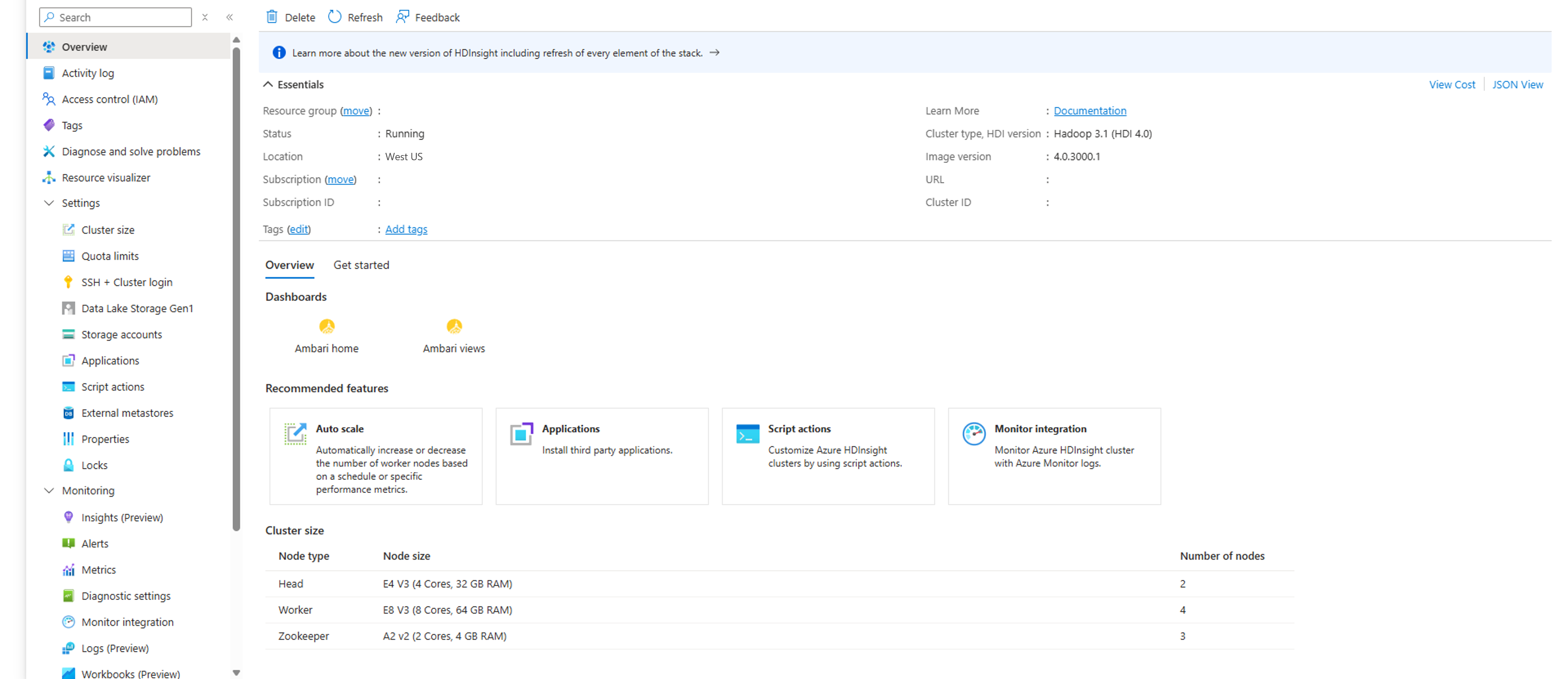 Azure portal HDInsight cluster essentials.