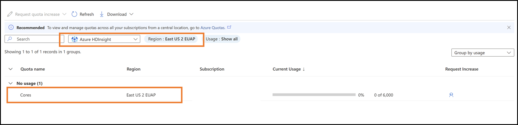 Screenshot showing how to select cluster and region for quota allocation.