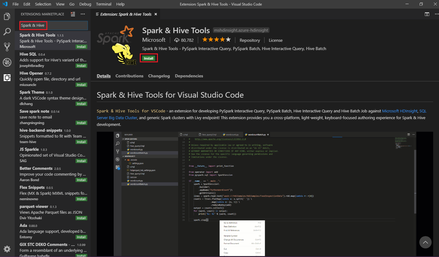 Spark & Hive for Visual Studio Code Python install
