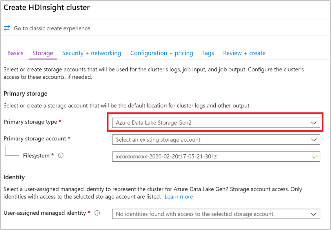 Storage settings for using Data Lake Storage Gen2 with Azure HDInsight
