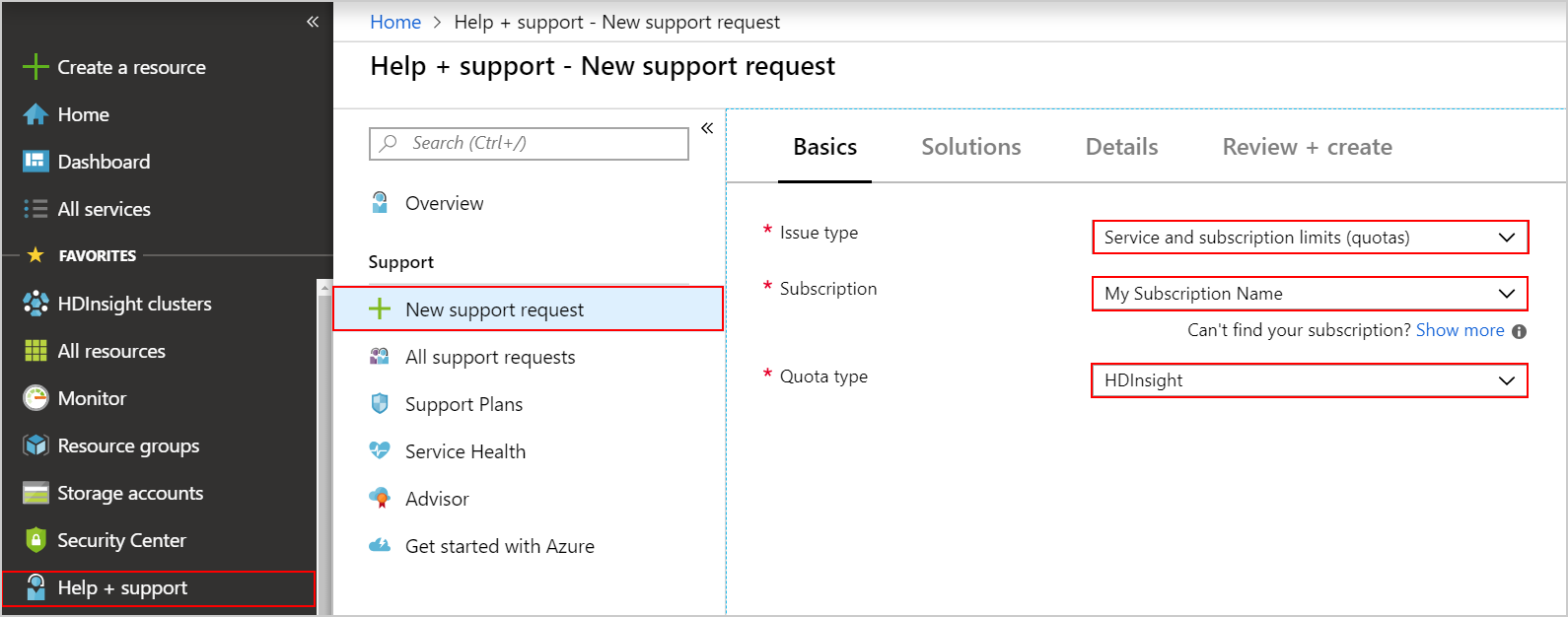 Create a support request to increase HDInsight core quota.