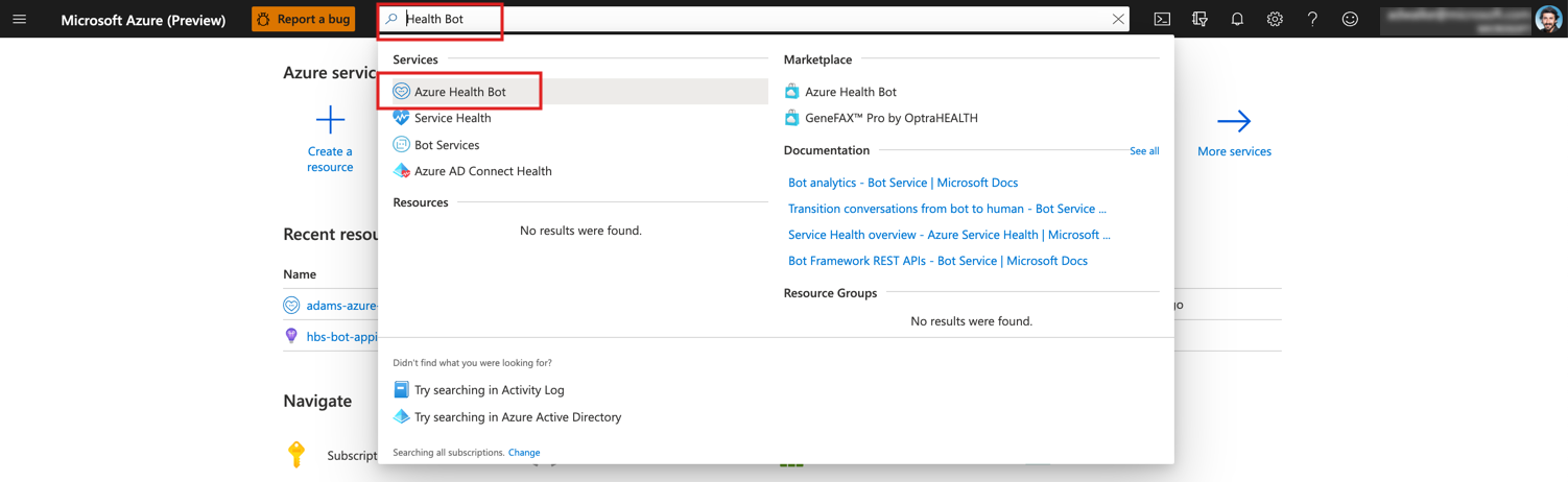 A screenshot of Azure searching for Azure Health Bot
