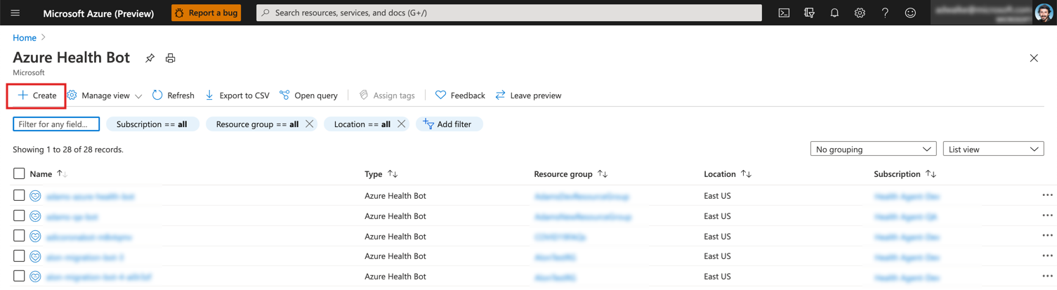 A screenshot of Azure managing Azure Health Bot instances