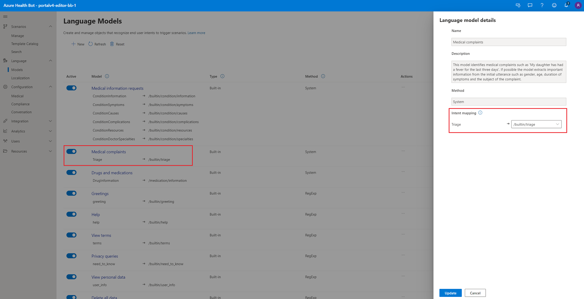 Screen shot of the default configuration for the medical complaints recognizer