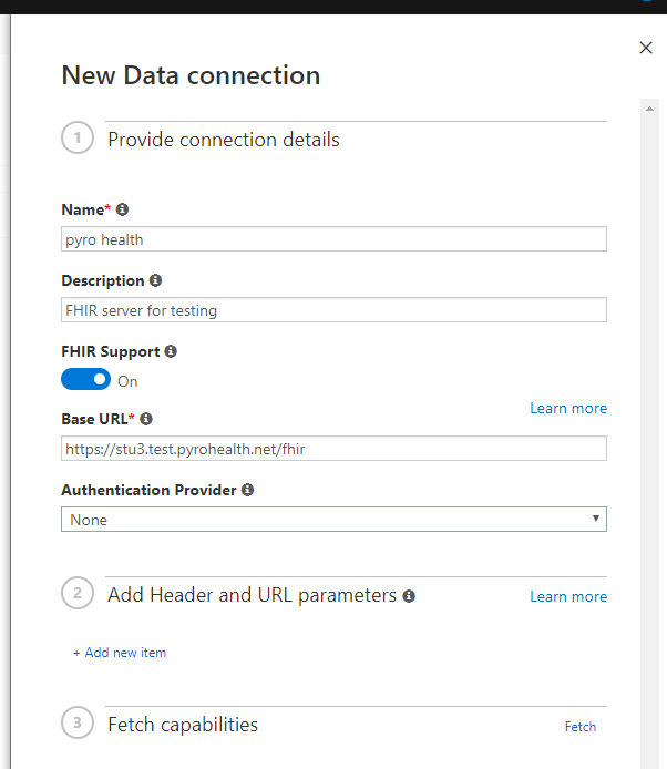 Screen shot of FHIR data connection settings