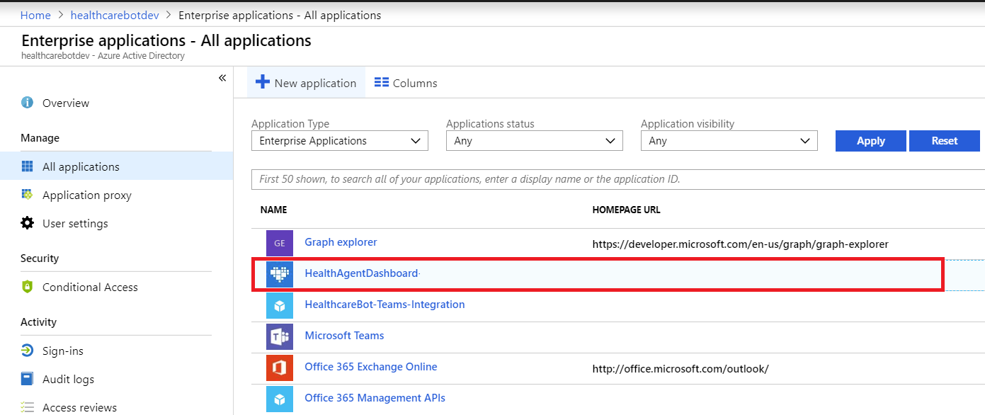 A screenshot of Enterprise Applications in Azure