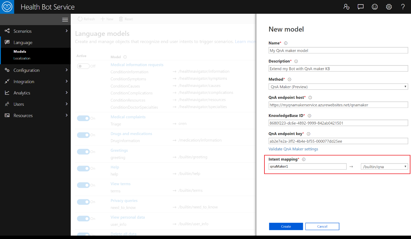 Screen shot of QnA maker intent mapping
