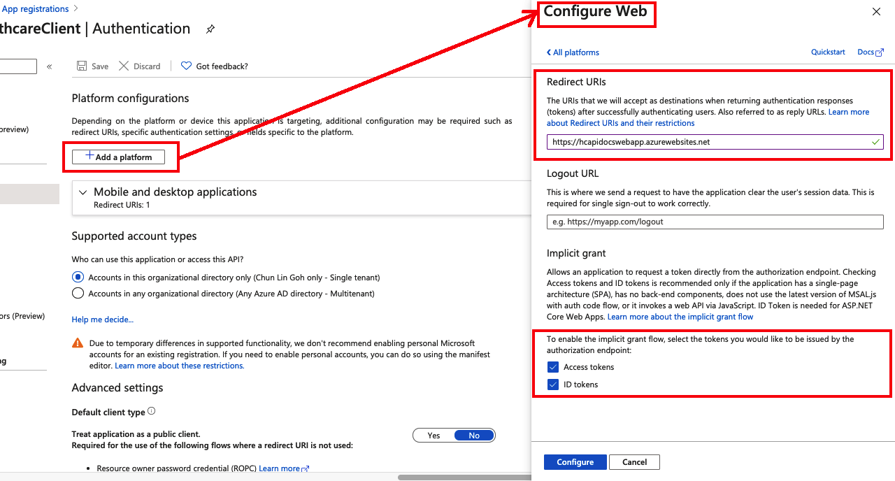 Screenshot of the app Authentication settings blade, with the steps to add a platform highlighted.