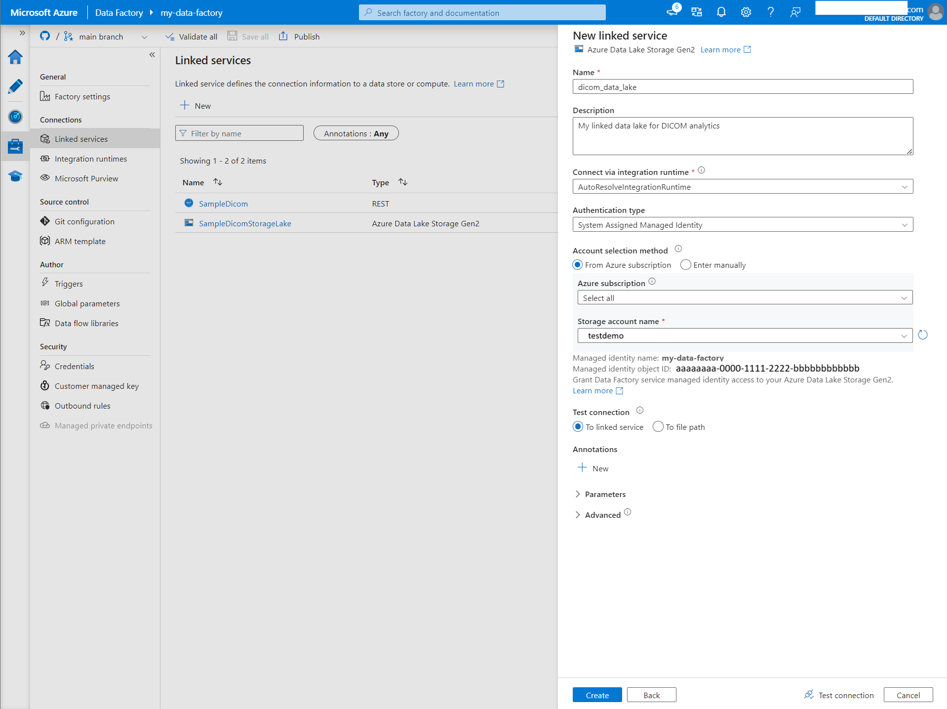 Screenshot that shows the New linked service pane with Data Lake Storage Gen2 details.